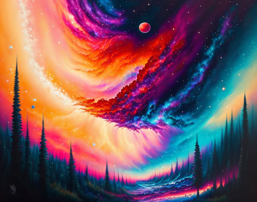 Vibrant surreal landscape with cosmic sky and pine tree silhouette