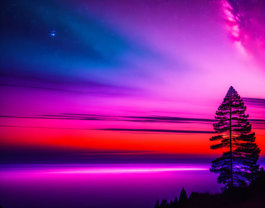 Vibrant purple and pink night sky with tree silhouette and celestial object