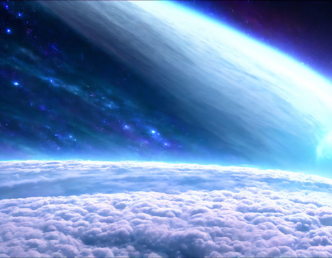 Aerial view of planet and galaxy above clouds