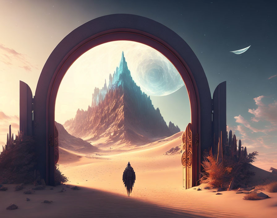 Person standing before circular portal in desert landscape with planets and moon.
