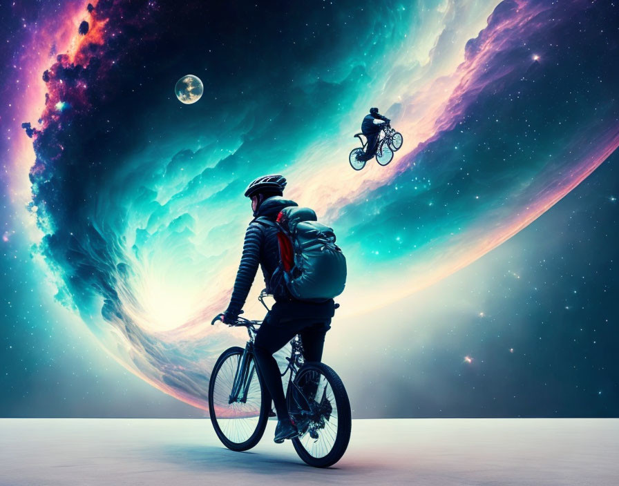 Cyclist silhouette against surreal cosmic sky