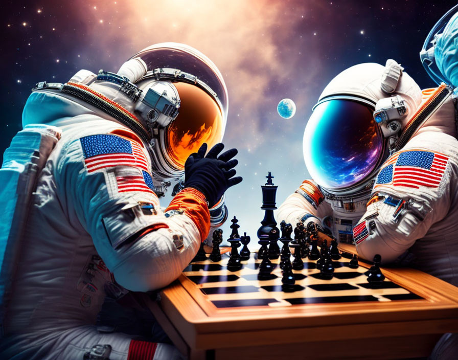 Astronauts in spacesuits playing chess in space with Earth and stars.