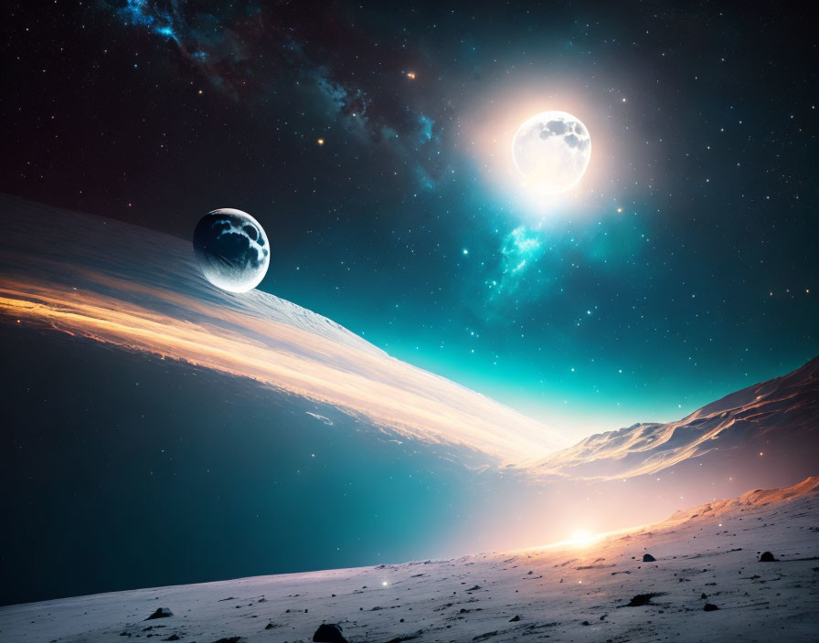 Sci-fi landscape: Two moons, alien world, stars, vibrant nebula