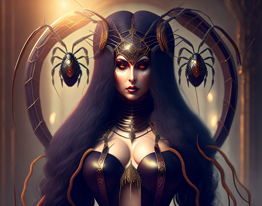 Digital artwork of woman in spider-themed costume with dark hair and mystical ambiance