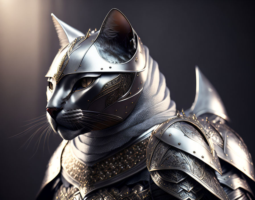 Digital Artwork: Cat in Medieval Knight Armor with Cat Helmet