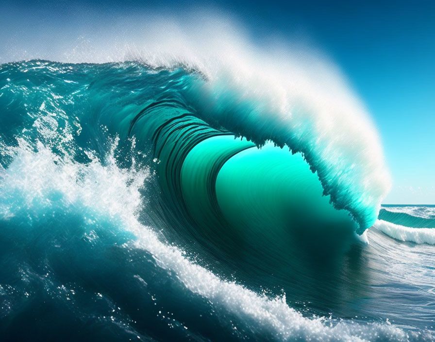 Majestic turquoise wave curling in deep blue ocean