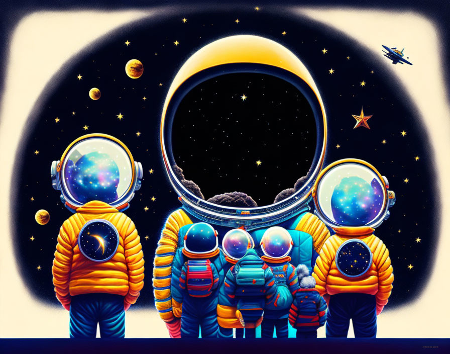 Seven astronauts in colorful suits observing outer space with planets and stars through a circular window