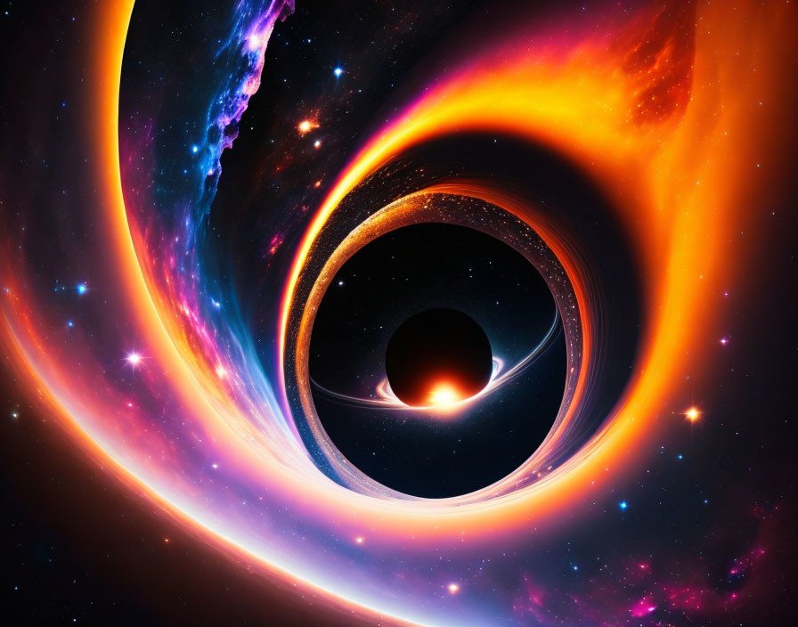 Colorful cosmic black hole with swirling accretion disk in space.