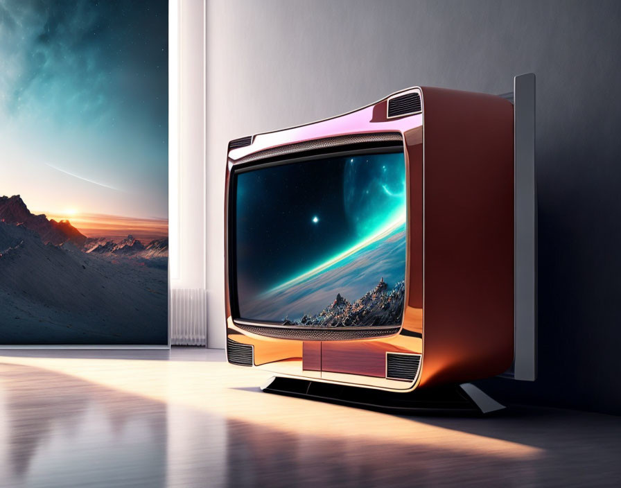 Vintage Design Television Displaying Vibrant Space Scene and Sunset Landscape