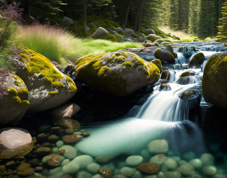 Tranquil stream with moss-covered rocks and waterfalls in lush forest