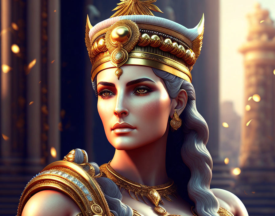 Regal woman in golden crown and armor against ancient cityscape