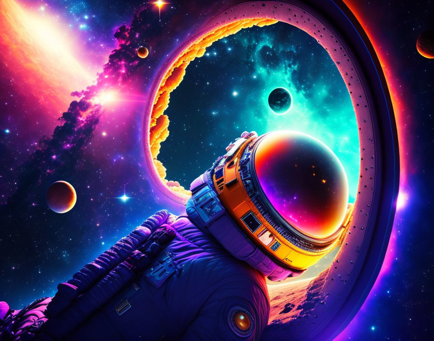 Sci-fi image: Astronaut on circular space station with cosmic backdrop