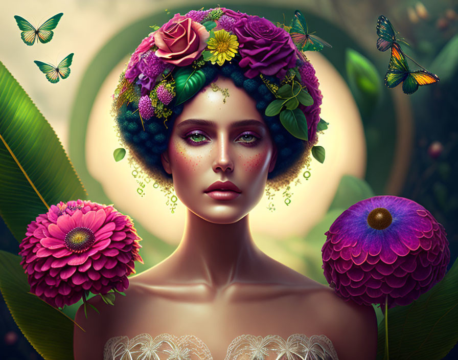 Surreal portrait of woman with floral hair and butterflies in fantasy garden.