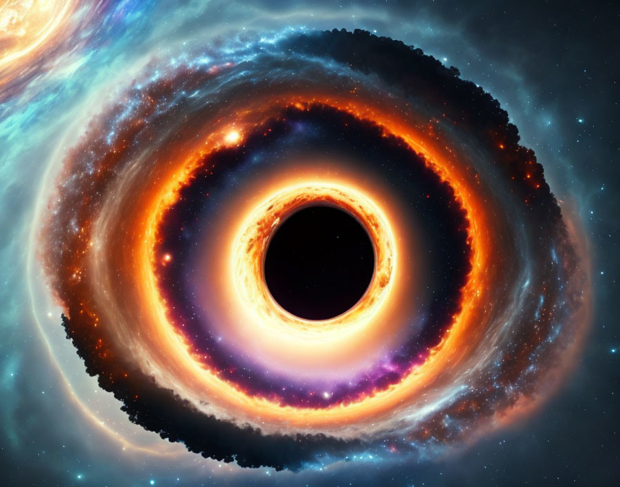 Detailed illustration of swirling black hole with fiery hues against starry cosmos