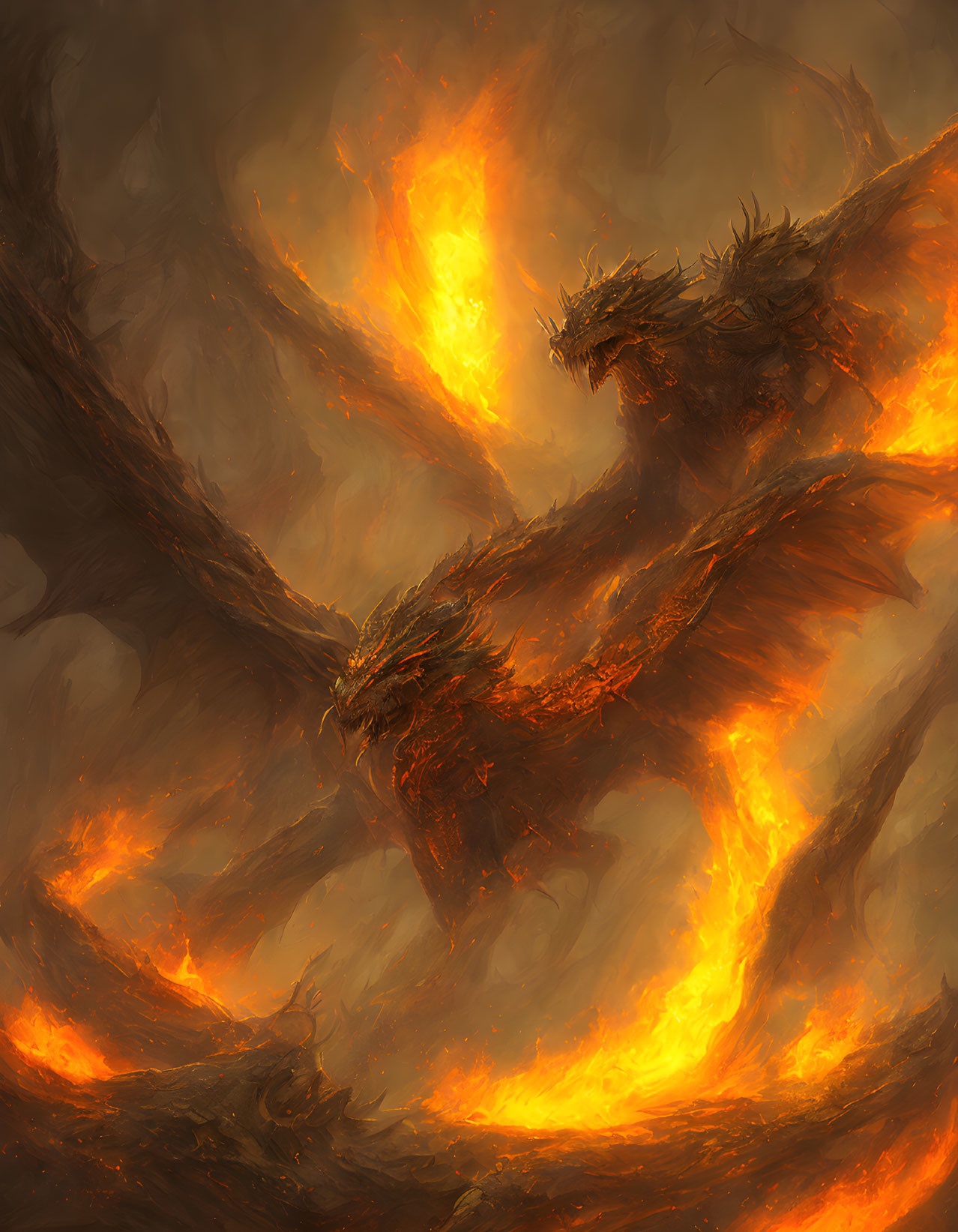 Fiery dragon with wings ablaze in smoky surroundings