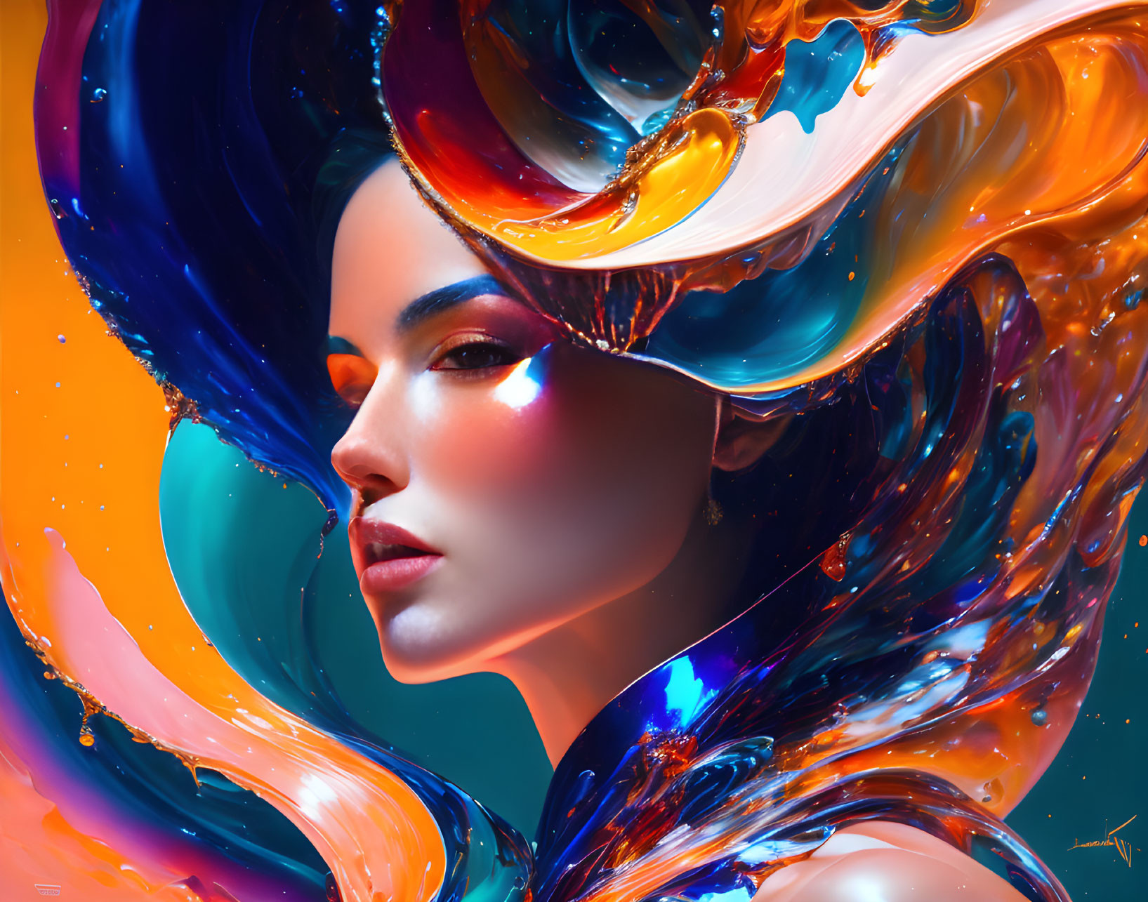 Colorful Swirling Hair Portrait of a Woman with Vibrant Makeup