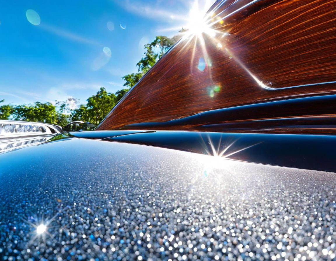 Shiny metallic car paint and wood paneling under sunlight glare