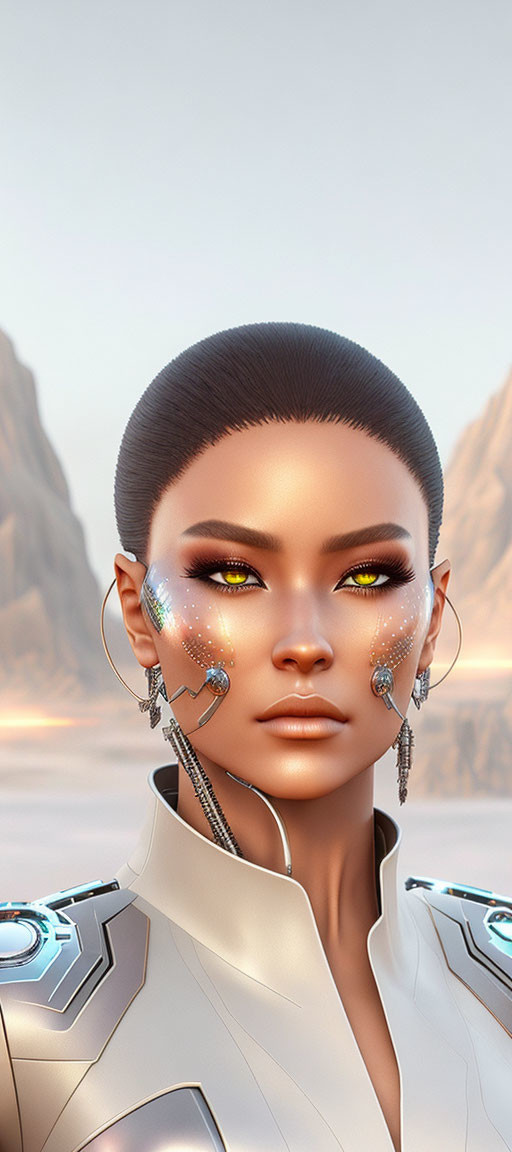 Female android with starry eyes and futuristic outfit in desert setting