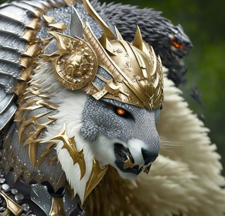 Fantasy wolf character in ornate silver and gold armor with crown on blurred green background