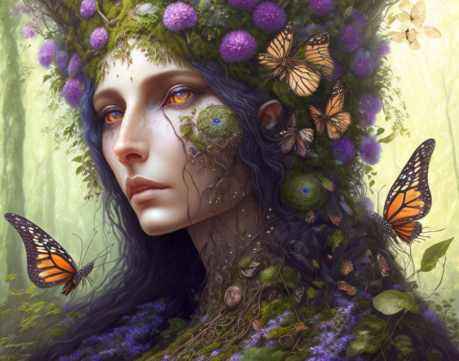 Fantasy portrait of woman with nature-inspired features and floral wreath.