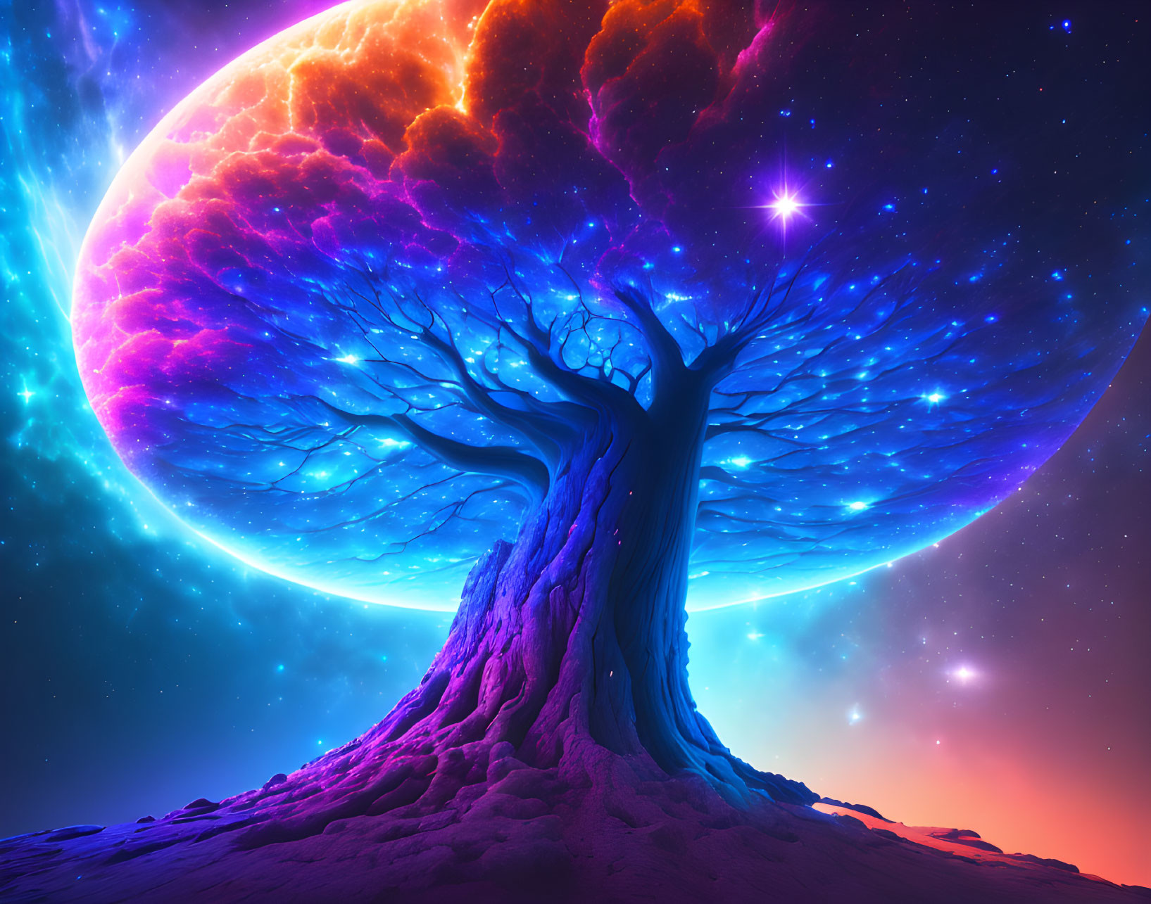 Majestic tree illustration with glowing branches in cosmic setting