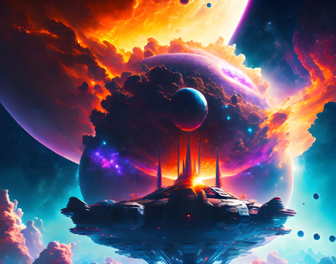 Colorful Sci-Fi Scene with Spaceship and Nebula