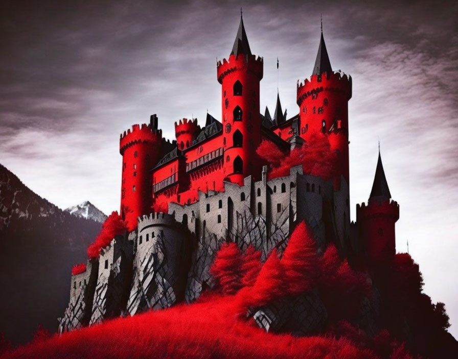 Majestic castle with red towers in moody sky and vibrant foliage