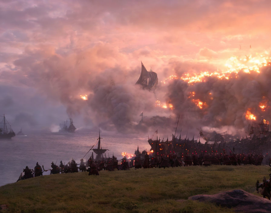 Dramatic battle scene at dusk with ships, fiery explosion, soldiers, hazy sky