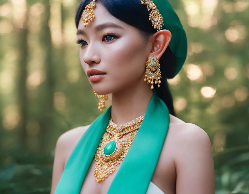 Intricate gold jewelry adorns woman in natural setting