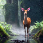 Deer in rain-soaked forest with flowing creek