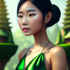 Asian woman in green outfit with sleek hair and subtle makeup, pagodas and trees in background