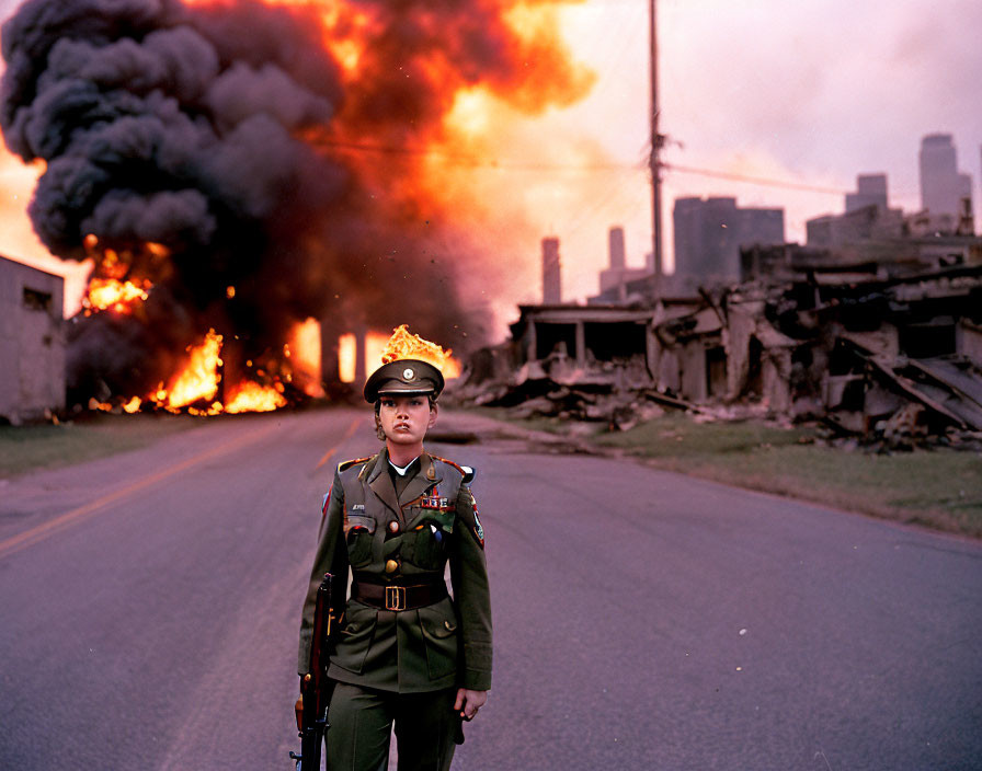 Uniformed officer on desolate road with distant explosion and fiery smoke