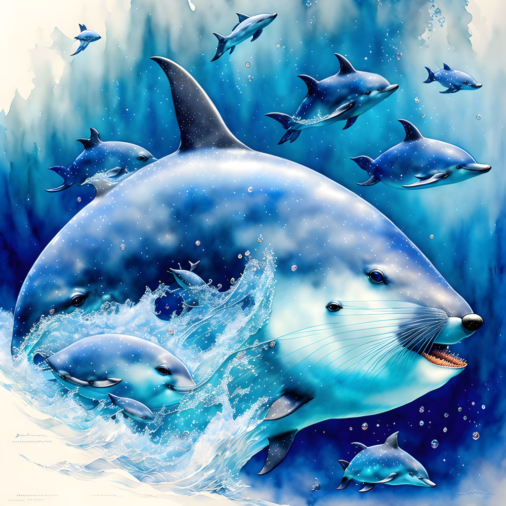 Colorful Dolphins Jumping in Fantastical Underwater Scene