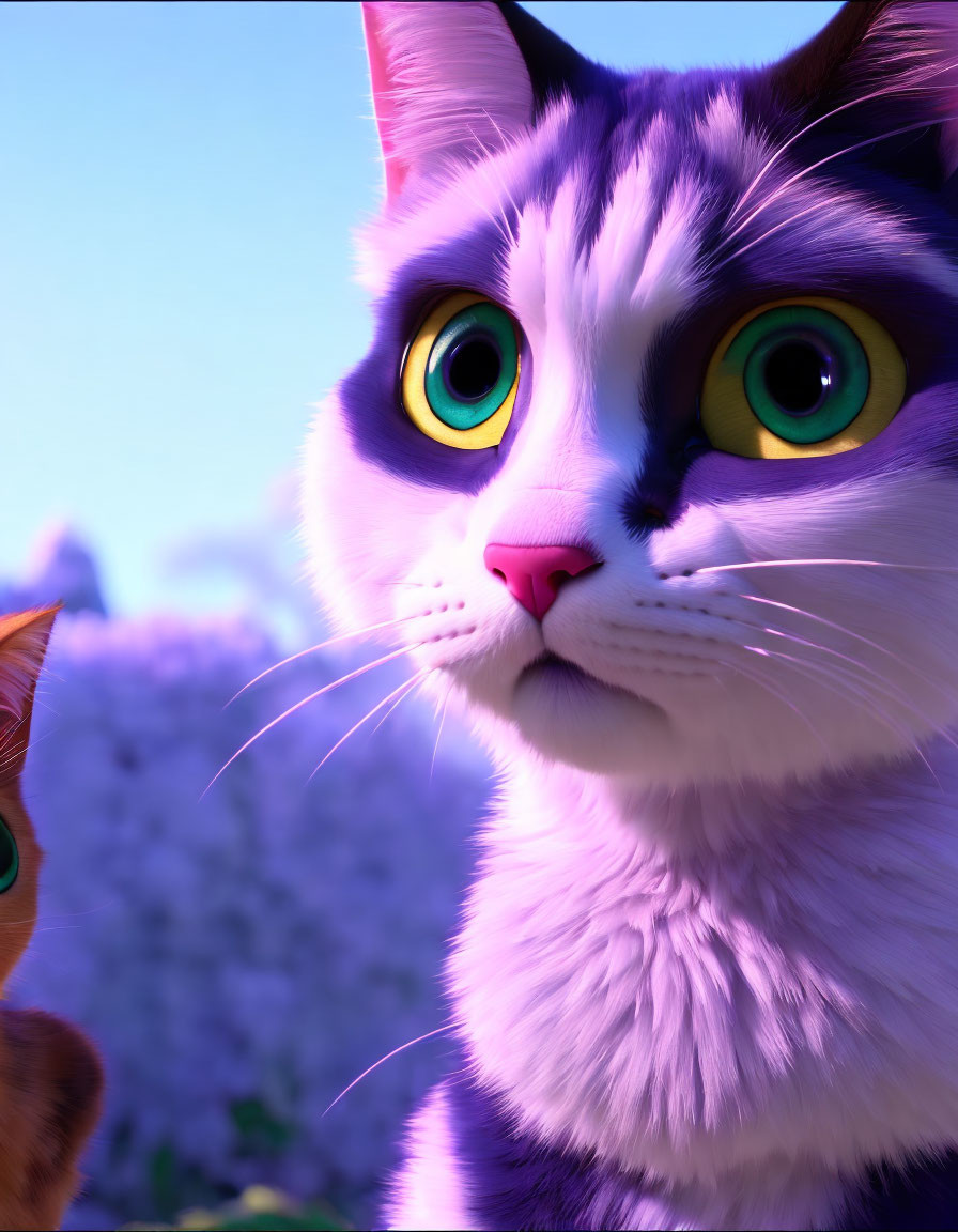 Detailed 3D animated grey and white cat with yellow and green eyes under purplish sky