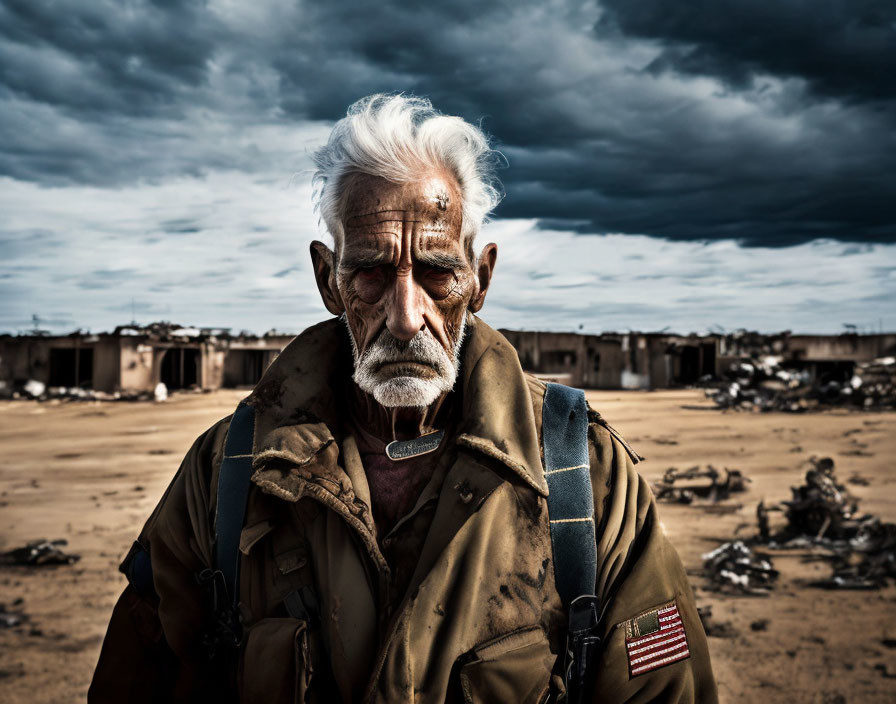 Elderly man in military jacket in desolate landscape