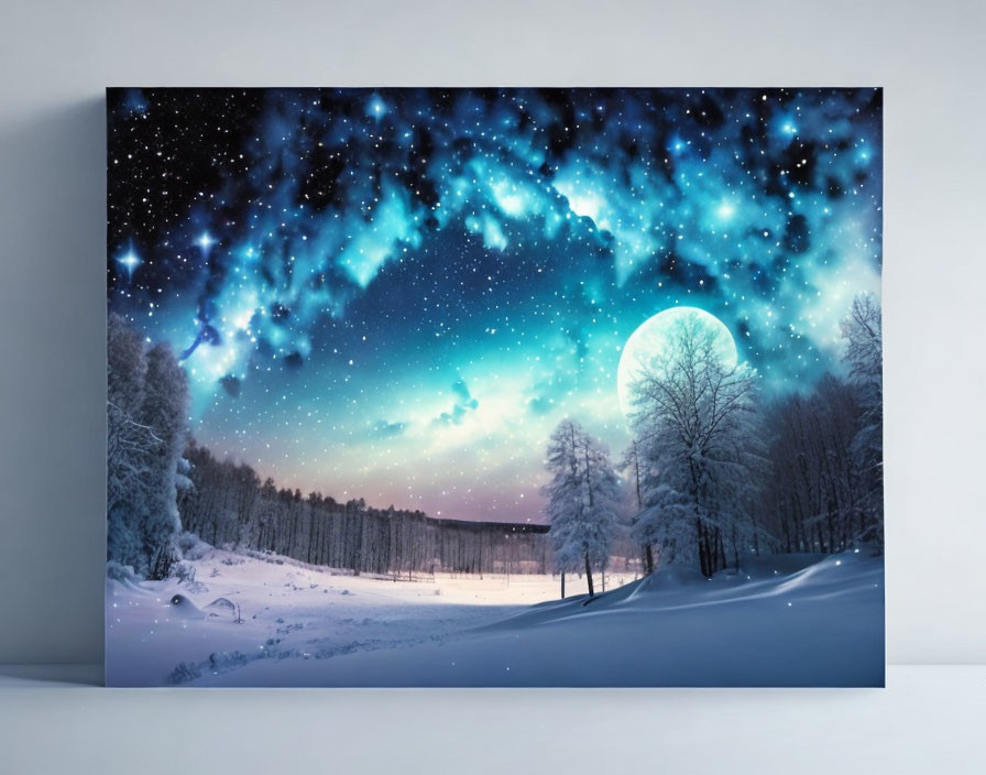 Surreal winter landscape with starry sky and aurora over snow-covered forest