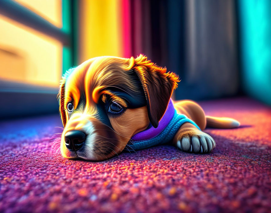 Adorable puppy with shiny fur on vibrant carpet near colorful stained glass window