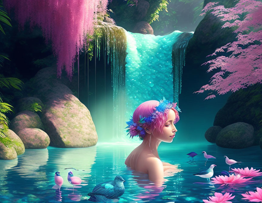 Woman in floral crown in vibrant pink pond near turquoise waterfall