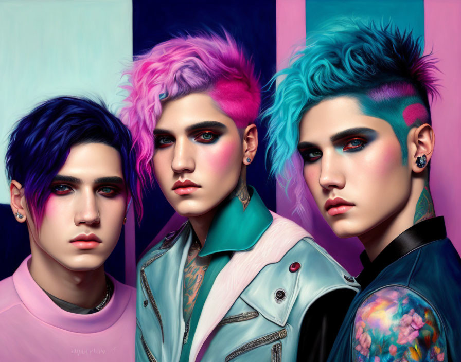 Three individuals with vibrant dyed hair in shades of purple, pink, and blue styled against colorful background