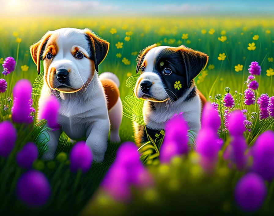 Two puppies in purple flower field with green and yellow background