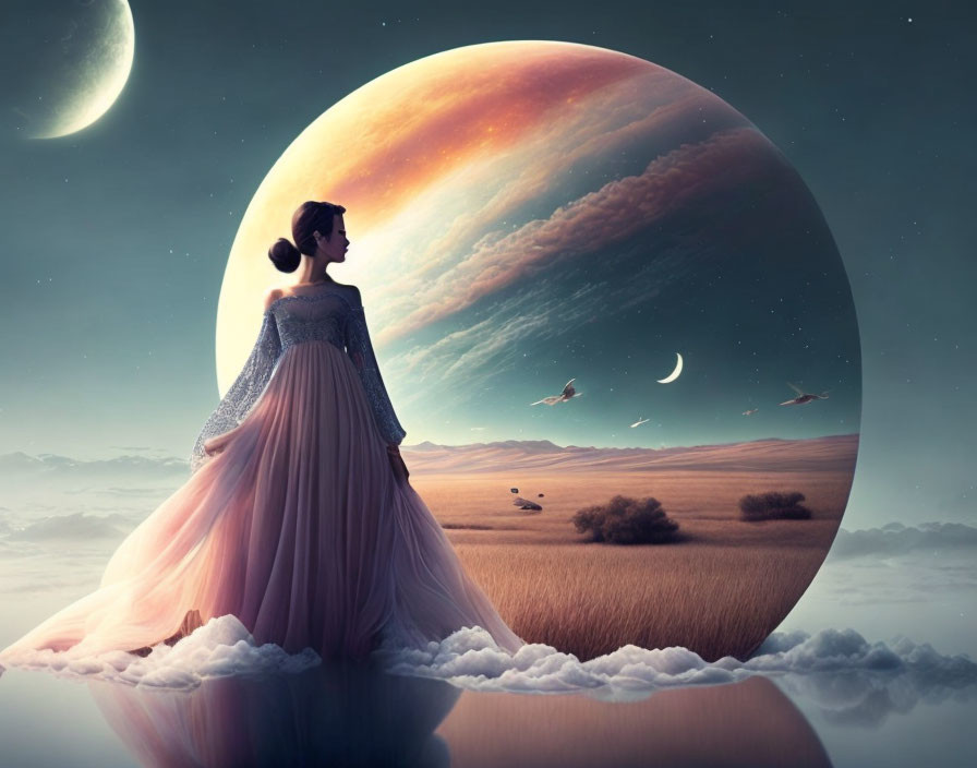 Woman in flowing gown in surreal landscape with moon, planet, clouds, birds, twilight sky