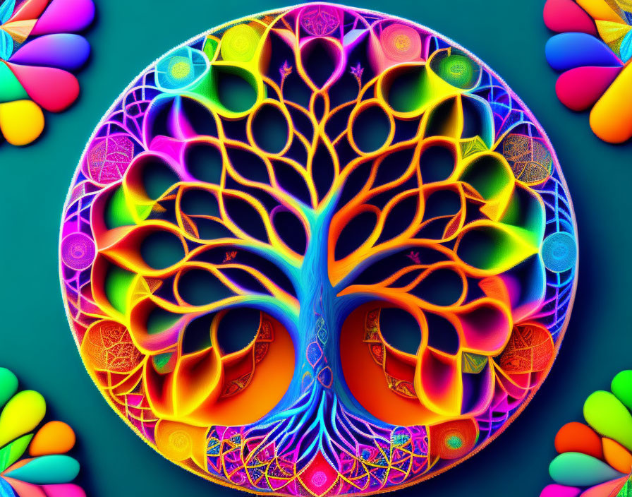 Colorful fractal tree design on teal background with vibrant neon hues