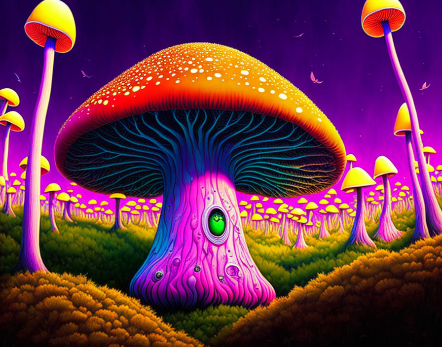Colorful Mushroom Forest Illustration with Central Eye Mushroom