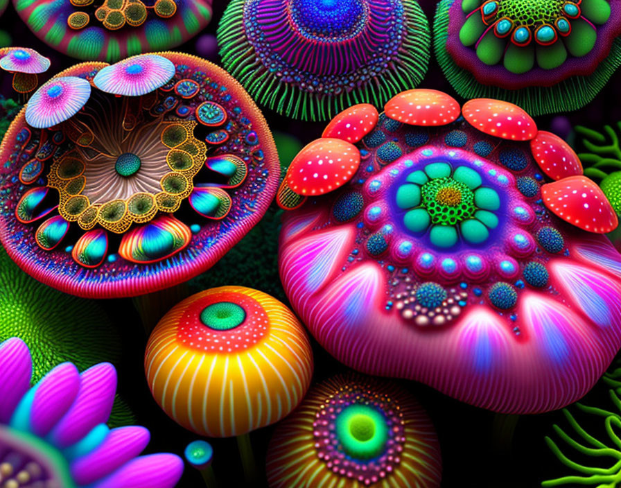 Colorful digital artwork featuring surreal mushroom structures and neon patterns