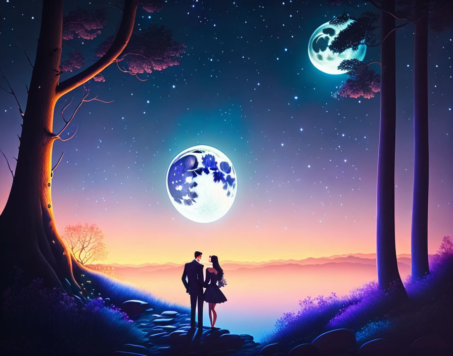 Couple under starry sky with two moons and twilight gradient.