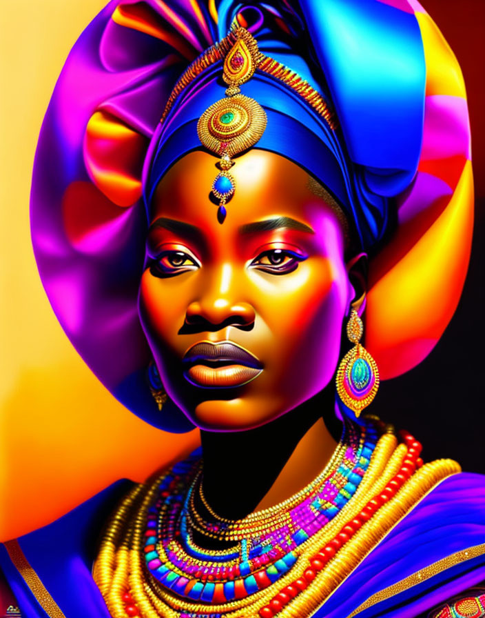 Vibrant digital portrait of woman in blue headwrap with jewelry on orange background