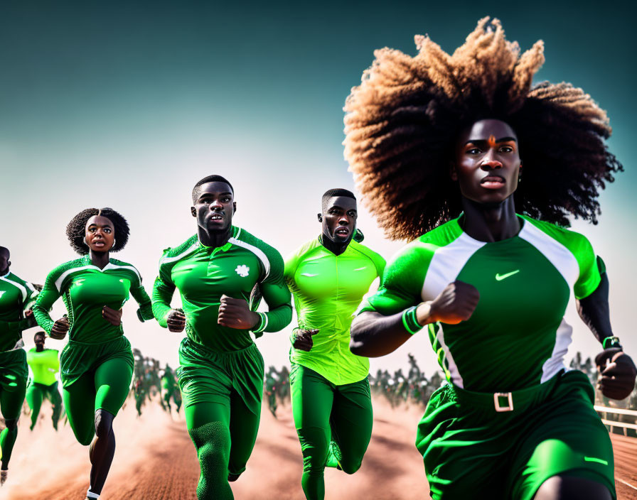 Dynamic Afro Female Leading Green-Uniformed Animated Athletes Running
