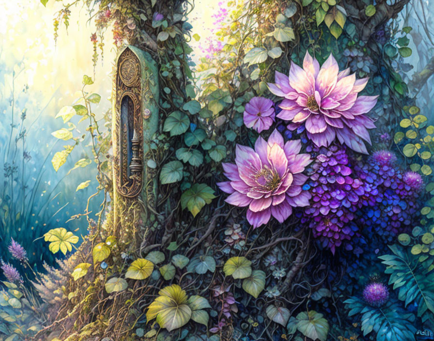 Enchanted forest scene with vibrant flowers, lush greenery, and ornate door