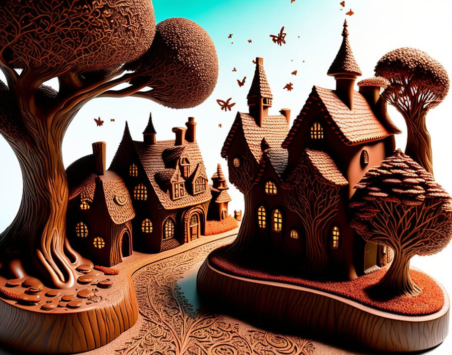 Stylized fantasy landscape with wooden village and whimsical creatures