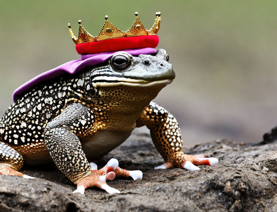 Speckled Frog Wearing Purple Cape and Golden Crown on Rock